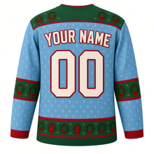 Load image into Gallery viewer, Ugly Christmas Evergreen Wreath Doorways Hockey Jersey in Winter Blue, back view with a green wreath yoke over a light winter blue back, green wreath elbow bands, a green wreath hem band and cream YOUR NAME and 00 trimmed in red – your name and number
