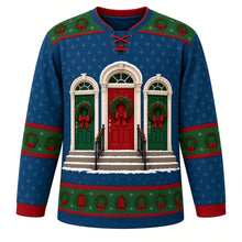 Load image into Gallery viewer, Ugly Christmas Evergreen Wreath Doorways Hockey Jersey in Winter Blue, front view – chest scene of three arched front doors, each hung with an evergreen wreath and red bow, above snowy steps with black railings on a winter blue body, green wreath-patterned yoke, green wreath elbow bands and a green wreath hem band – custom name and number