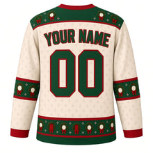 Load image into Gallery viewer, Ugly Christmas Evergreen Wreath Doorways Hockey Jersey in Snow Cream, back view with a green yoke with little bows, green wreath elbow bands, a green hem band and green YOUR NAME and 00 trimmed in red – your name and number