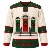 Load image into Gallery viewer, Ugly Christmas Evergreen Wreath Doorways Hockey Jersey in Snow Cream, front view – chest scene of three arched front doors, each hung with an evergreen wreath and red bow, above snowy steps with black railings on a snow cream body, green wreath-patterned yoke, green wreath elbow bands and a green wreath hem band – custom name and number