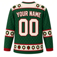 Load image into Gallery viewer, Ugly Christmas Evergreen Wreath Doorways Hockey Jersey in Wreath Green, back view with a cream wreath-patterned yoke, cream wreath elbow bands, a wreath hem band and white YOUR NAME and 00 trimmed in red – your name and number