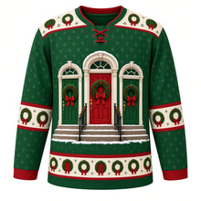 Load image into Gallery viewer, Ugly Christmas Evergreen Wreath Doorways Hockey Jersey in Wreath Green, front view – chest scene of three arched front doors, each hung with an evergreen wreath and red bow, above snowy steps with black railings, cream wreath-patterned yoke, cream wreath elbow bands and a cream wreath hem band on a green body – custom name and number