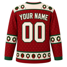 Load image into Gallery viewer, Ugly Christmas Evergreen Wreath Doorways Hockey Jersey in Door Red, back view with a cream wreath yoke on door red, wreath elbow bands, a cream wreath hem band and cream YOUR NAME and 00 trimmed in green – your name and number