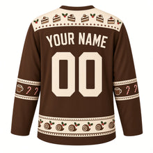 Load image into Gallery viewer, Ugly Christmas Yule Log Feast Hockey Jersey in Cocoa Brown, back view with a cake-slice and holly yoke, cocoa mug and candy cane sleeve bands, swirl or peppermint hem band, arched YOUR NAME lettering and 00 – custom name and number