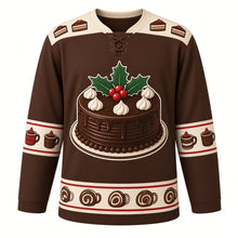 Load image into Gallery viewer, Ugly Christmas Yule Log Feast Hockey Jersey in Cocoa Brown, front view – cocoa brown body with cream yoke with a round chocolate yule cake crest topped with holly, berries and meringue kisses, cake-slice yoke, cocoa mug sleeve bands and a chocolate-roll swirl hem band – custom name and number