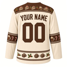 Load image into Gallery viewer, Ugly Christmas Yule Log Feast Hockey Jersey in Vanilla Cream, back view with a cake-slice and holly yoke, cocoa mug and candy cane sleeve bands, swirl or peppermint hem band, arched YOUR NAME lettering and 00 – custom name and number
