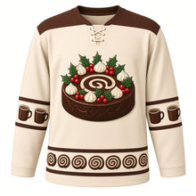 Load image into Gallery viewer, Ugly Christmas Yule Log Feast Hockey Jersey in Vanilla Cream, front view – vanilla cream body with cocoa brown yoke with a round chocolate yule cake crest topped with holly, berries and meringue kisses, cake-slice yoke, cocoa mug sleeve bands and a chocolate-roll swirl hem band – custom name and number