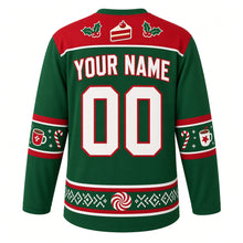 Load image into Gallery viewer, Ugly Christmas Yule Log Feast Hockey Jersey in Pine Green, back view with a cake-slice and holly yoke, cocoa mug and candy cane sleeve bands, swirl or peppermint hem band, arched YOUR NAME lettering and 00 – custom name and number