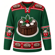 Load image into Gallery viewer, Ugly Christmas Yule Log Feast Hockey Jersey in Pine Green, front view – pine green body with red yoke with a round chocolate yule cake crest topped with holly, berries and meringue kisses, cake-slice yoke, cocoa mug sleeve bands and a chocolate-roll swirl hem band – custom name and number