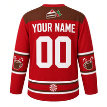 Load image into Gallery viewer, Ugly Christmas Yule Log Feast Hockey Jersey in Holly Red, back view with a cake-slice and holly yoke, cocoa mug and candy cane sleeve bands, swirl or peppermint hem band, arched YOUR NAME lettering and 00 – custom name and number