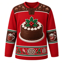 Load image into Gallery viewer, Ugly Christmas Yule Log Feast Hockey Jersey in Holly Red, front view – holly red body with cocoa brown yoke with a round chocolate yule cake crest topped with holly, berries and meringue kisses, cake-slice yoke, cocoa mug sleeve bands and a chocolate-roll swirl hem band – custom name and number