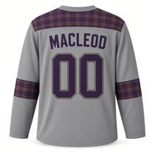 Load image into Gallery viewer, UK Highland Tartan Original Hockey Jersey in Mist Gray, back view with your name and number