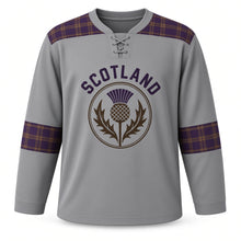 Load image into Gallery viewer, UK Highland Tartan Original Hockey Jersey in Mist Gray, front view – custom name and number