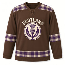 Load image into Gallery viewer, UK Highland Tartan Original Hockey Jersey in Peat Brown, front view – custom name and number