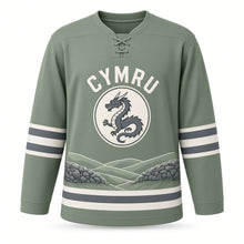 Load image into Gallery viewer, UK Welsh Dragon Hills Original Hockey Jersey in Valley Sage, front view – custom name and number