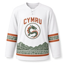 Load image into Gallery viewer, UK Welsh Dragon Hills Original Hockey Jersey in Mist White, front view – custom name and number