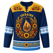 Load image into Gallery viewer, Ukraine Original Hockey Jersey in Dnipro Navy, front view – ornate vinok wreath crest of sunflowers, wheat and kalyna around a bandura, Petrykivka yoke, detailed artwork, custom name and number