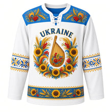 Load image into Gallery viewer, Ukraine Original Hockey Jersey in Linen White, front view – ornate vinok wreath crest of sunflowers, wheat and kalyna around a bandura, Petrykivka yoke, detailed artwork, custom name and number