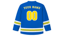 Load image into Gallery viewer, Ukrainian Independence Day Original Hockey Jersey in Azure Blue, back view with your name and number
