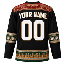 Load image into Gallery viewer, United Arab Emirates Original Hockey Jersey in Dune Night Black, back view with your name and number – Al Sadu woven yoke and pearl-strand sleeve bands