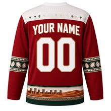 Load image into Gallery viewer, United Arab Emirates Original Hockey Jersey in Sadu Red, back view with your name and number – Al Sadu woven yoke and pearl-strand sleeve bands