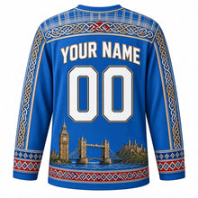 Load image into Gallery viewer, United Kingdom Original Hockey Jersey in Loch Blue, back view with your name and number – tartan and Celtic knot yoke with Fair Isle sleeve bands
