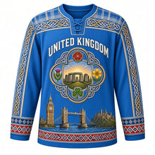 Load image into Gallery viewer, United Kingdom Original Hockey Jersey in Loch Blue, front view – ornate Celtic-knot quatrefoil crest with Stonehenge, rose, thistle, daffodil and shamrock, detailed artwork, custom name and number