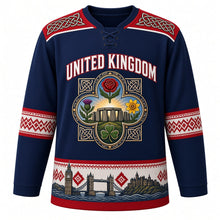 Load image into Gallery viewer, United Kingdom Original Hockey Jersey in Channel Navy, front view – ornate Celtic-knot quatrefoil crest with Stonehenge, rose, thistle, daffodil and shamrock, detailed artwork, custom name and number