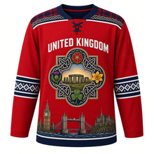 Load image into Gallery viewer, United Kingdom Original Hockey Jersey in Pillar Box Red, front view – ornate Celtic-knot quatrefoil crest with Stonehenge, rose, thistle, daffodil and shamrock, detailed artwork, custom name and number