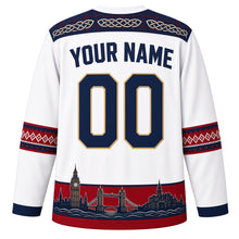Load image into Gallery viewer, United Kingdom Original Hockey Jersey in Chalk Cliff White, back view with your name and number – tartan and Celtic knot yoke with Fair Isle sleeve bands