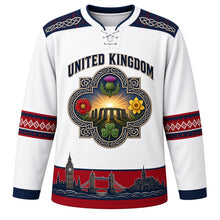 Load image into Gallery viewer, United Kingdom Original Hockey Jersey in Chalk Cliff White, front view – ornate Celtic-knot quatrefoil crest with Stonehenge, rose, thistle, daffodil and shamrock, detailed artwork, custom name and number