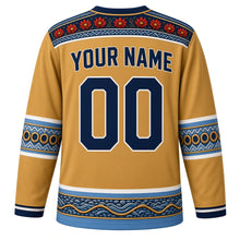 Load image into Gallery viewer, Uruguay Original Hockey Jersey in Pampa Gold, back view with your name and number – gaucho-braid and ceibo yoke with candombe drum sleeve bands