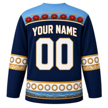 Load image into Gallery viewer, Uruguay Original Hockey Jersey in Atlantic Navy, back view with your name and number – gaucho-braid and ceibo yoke with candombe drum sleeve bands