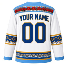 Load image into Gallery viewer, Uruguay Original Hockey Jersey in Rambla White, back view with your name and number – gaucho-braid and ceibo yoke with candombe drum sleeve bands