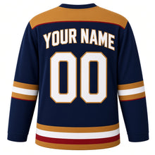 Load image into Gallery viewer, USA Patriotic Amber Waves Prairie Hockey Jersey in Prairie Navy, back view with your name and number – golden wheat stalks and small white stars on navy yoke with matching sleeve and hem bands