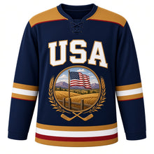 Load image into Gallery viewer, USA Patriotic Amber Waves Prairie Hockey Jersey in Prairie Navy, front view – golden wheat fields and purple mountains with a waving American flag, custom name and number