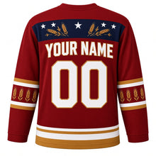 Load image into Gallery viewer, USA Patriotic Amber Waves Prairie Hockey Jersey in Barn Red, back view with your name and number – golden wheat stalks and small white stars on navy yoke with matching sleeve and hem bands