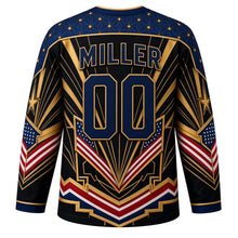 Load image into Gallery viewer, USA Patriotic Art Deco Stars and Rays Hockey Jersey in Onyx Gold, back view with your name and number – a geometric deco fan pattern with tiny gold stars and stepped gold lines yoke with matching sleeve and hem bands