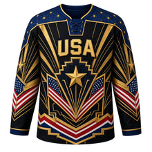 Load image into Gallery viewer, USA Patriotic Art Deco Stars and Rays Hockey Jersey in Onyx Gold, front view – art-deco gold sunburst rays, geometric stars and chevron stripes, custom name and number