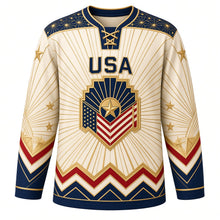 Load image into Gallery viewer, USA Patriotic Art Deco Stars and Rays Hockey Jersey in Champagne Ivory, front view – art-deco gold sunburst rays, geometric stars and chevron stripes, custom name and number