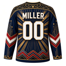 Load image into Gallery viewer, USA Patriotic Art Deco Stars and Rays Hockey Jersey in Gilded Midnight, back view with your name and number – a geometric deco fan pattern with tiny gold stars and stepped gold lines yoke with matching sleeve and hem bands