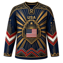 Load image into Gallery viewer, USA Patriotic Art Deco Stars and Rays Hockey Jersey in Gilded Midnight, front view – art-deco gold sunburst rays, geometric stars and chevron stripes, custom name and number