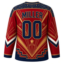 Load image into Gallery viewer, USA Patriotic Art Deco Stars and Rays Hockey Jersey in Deco Crimson, back view with your name and number – a geometric deco fan pattern with tiny gold stars and stepped gold lines yoke with matching sleeve and hem bands