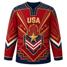 Load image into Gallery viewer, USA Patriotic Art Deco Stars and Rays Hockey Jersey in Deco Crimson, front view – art-deco gold sunburst rays, geometric stars and chevron stripes, custom name and number