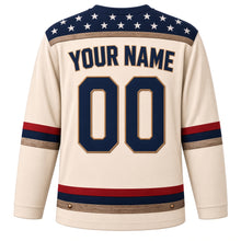 Load image into Gallery viewer, USA Patriotic Barn Star Americana Hockey Jersey in Buttermilk Cream, back view with your name and number – weathered barn-wood planks in red with small white stars yoke with matching sleeve and hem bands