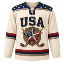 Load image into Gallery viewer, USA Patriotic Barn Star Americana Hockey Jersey in Buttermilk Cream, front view – rustic stars and stripes barn star on red barn boards, custom name and number
