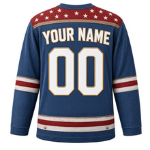 Load image into Gallery viewer, USA Patriotic Barn Star Americana Hockey Jersey in Faded Denim, back view with your name and number – weathered barn-wood planks in red with small white stars yoke with matching sleeve and hem bands