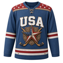 Load image into Gallery viewer, USA Patriotic Barn Star Americana Hockey Jersey in Faded Denim, front view – rustic stars and stripes barn star on red barn boards, custom name and number