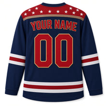 Load image into Gallery viewer, USA Patriotic Barn Star Americana Hockey Jersey in Farmhouse Navy, back view with your name and number – weathered barn-wood planks in red with small white stars yoke with matching sleeve and hem bands