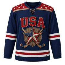 Load image into Gallery viewer, USA Patriotic Barn Star Americana Hockey Jersey in Farmhouse Navy, front view – rustic stars and stripes barn star on red barn boards, custom name and number